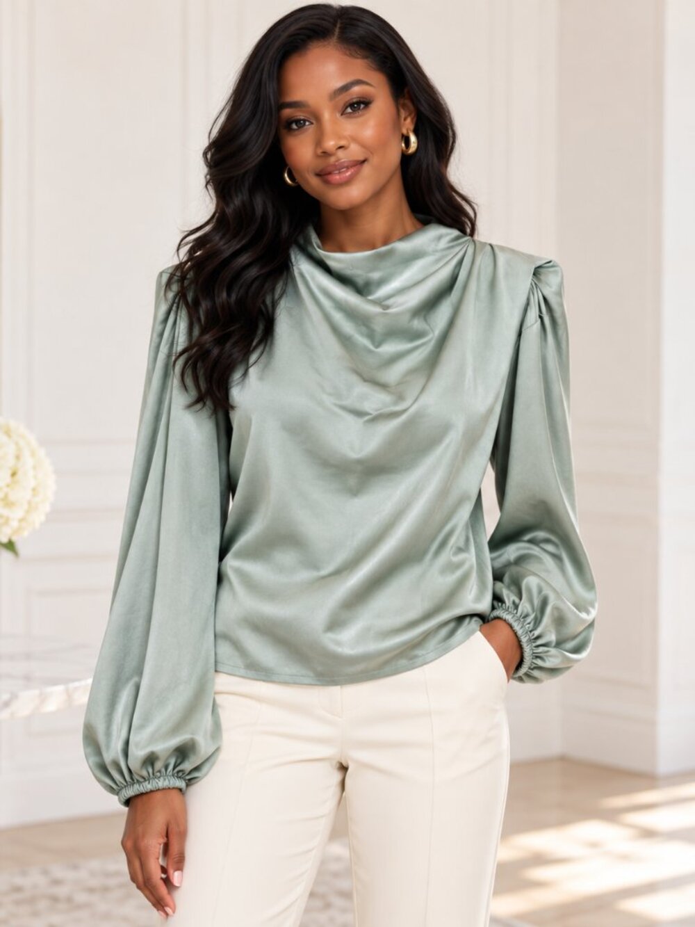 Line & Dot Satin Cowl Neck Blouse L